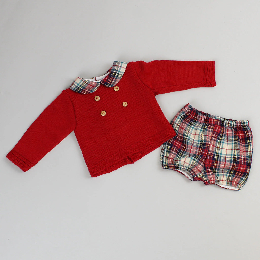 Pex Baby Red Knitted Top & Tartan Matching Shorts - Cole | 50% OFF
