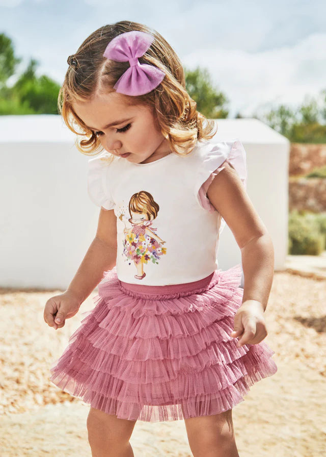 Mayoral Girls Outfit Set Top & Tulle Tutu Skirt | White-Dali Top with Ruffle Sleeves and Ruffle Pink Skirt NEW IN |1005/38-1981/25