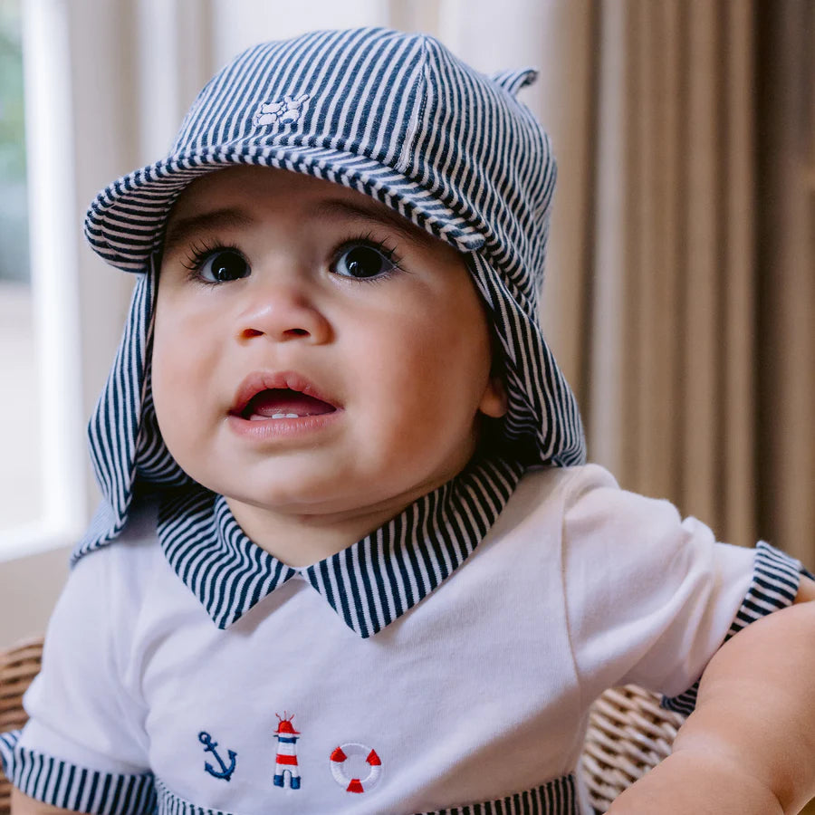 Emile et Rose Navy Striped  Baby Sun Hat with Ears and Neck Protection