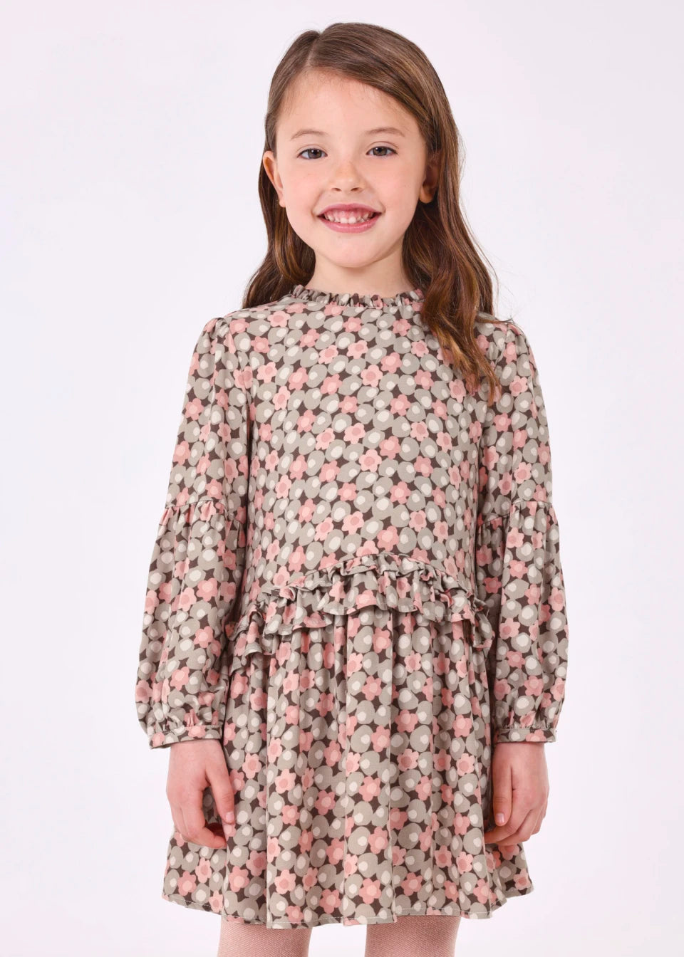 Mayoral Girls Pink & Beige Ruffle Print Dress 65% OFF