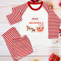Personalised I believe Christmas Children's Pyjamas Red Striped Pyjamas - MATCHING FAMILY PYJAMAS