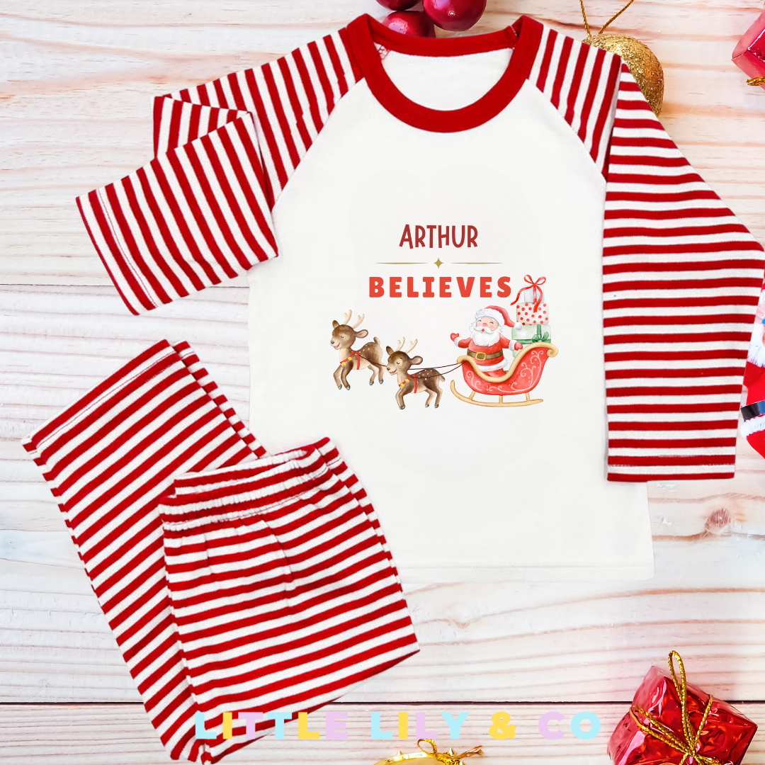 Personalised I believe Christmas Children's Pyjamas Red Striped Pyjamas - MATCHING FAMILY PYJAMAS
