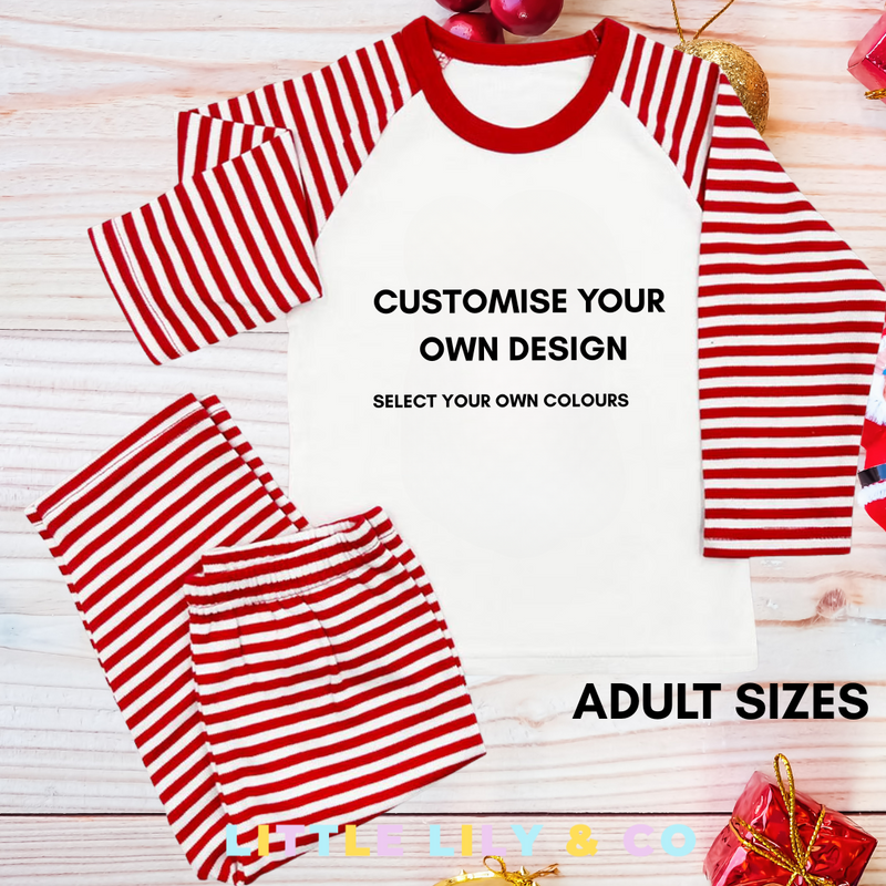 Personalised ADULT Christmas Pyjamas Red Striped Pyjamas - MATCHING FAMILY PYJAMAS
