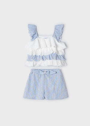 Mayoral Girls Indigo Blue & White Ruffle Summer Shorts & T-shirt Set 3259 | New Season SS24