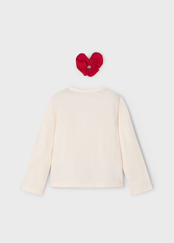 Mayoral Girls Long Sleeved Bow T-shirt Cream and Pink with Scrunchie