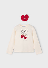 Mayoral Girls Long Sleeved Bow T-shirt Cream and Pink with Scrunchie