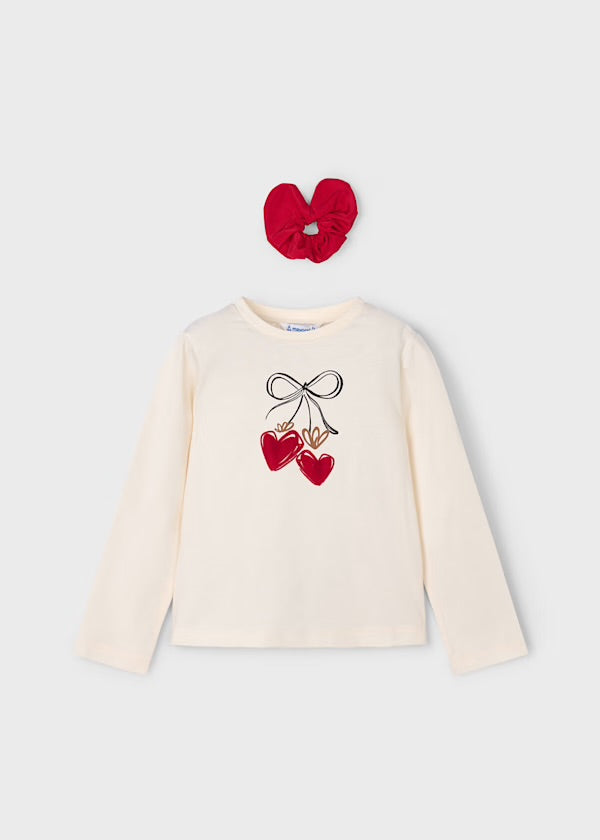 Mayoral Girls Long Sleeved Bow T-shirt Cream and Pink with Scrunchie