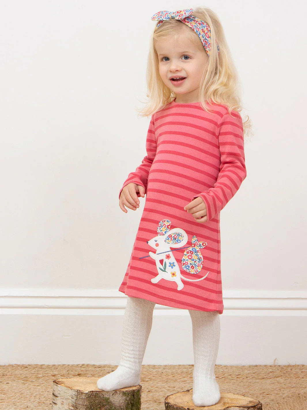 Kite Clothing Girls Long Sleeved Tunic Mouse and About Pink Striped Dress