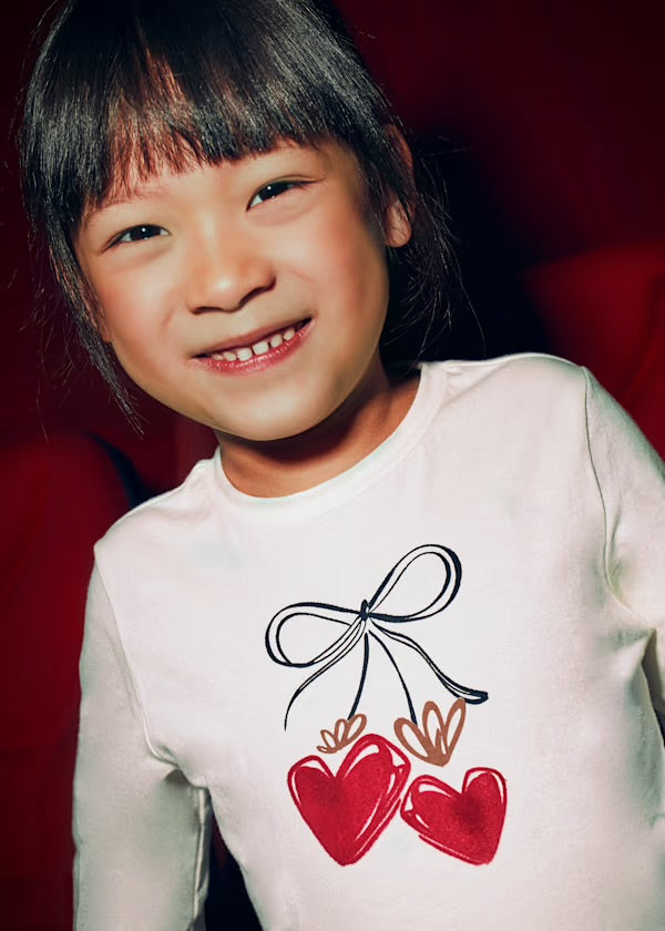 Mayoral Girls Long Sleeved Bow T-shirt Cream and Pink with Scrunchie