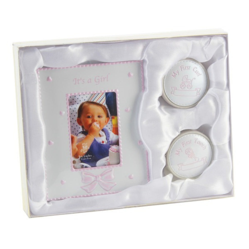 Baby Girls Keepsake Memory Gift Set - Photo Frame, 1st Tooth Box, 1st Curl