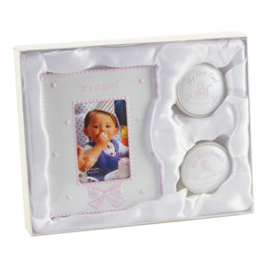 Baby Girls Keepsake Memory Gift Set - Photo Frame, 1st Tooth Box, 1st Curl