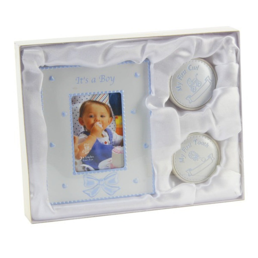 Baby Boy Keepsake Memory Gift Set - Photo Frame, 1st Tooth Box, 1st Curl