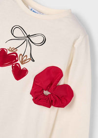 Mayoral Girls Long Sleeved Bow T-shirt Cream and Pink with Scrunchie