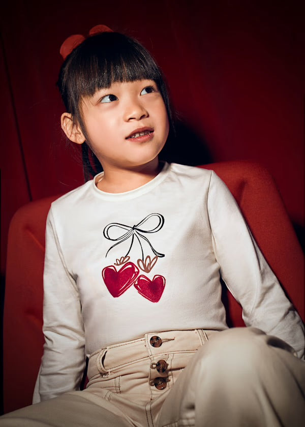 Mayoral Girls Long Sleeved Bow T-shirt Cream and Pink with Scrunchie