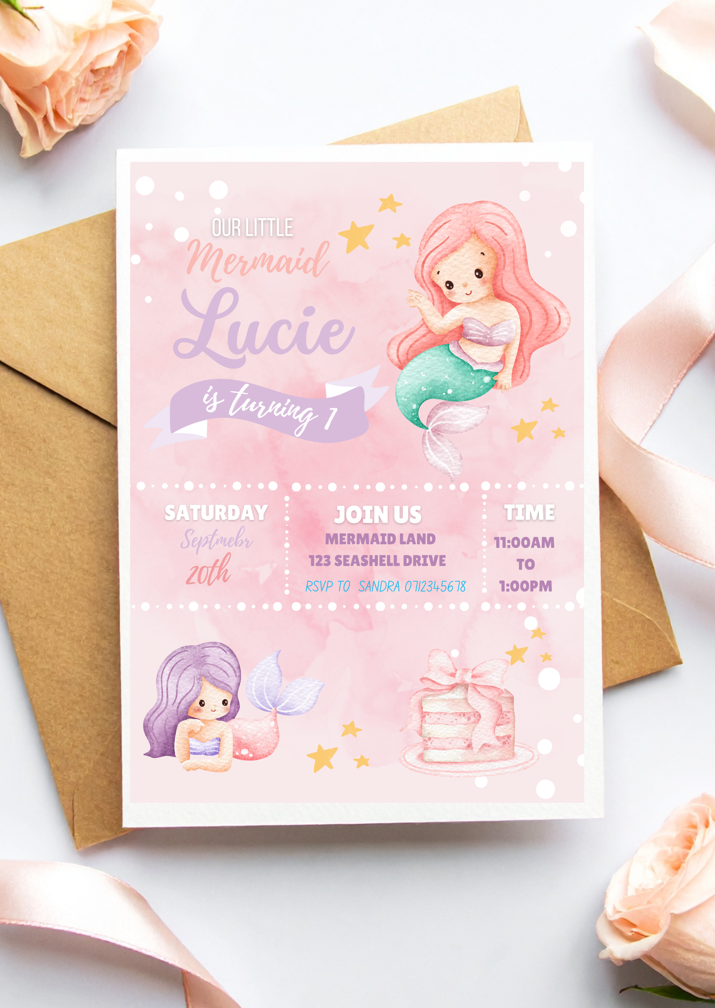 Girls Mermaid Theme Custom Birthday Invitations – Personalised Digital Download | Kids Party Invitation Template