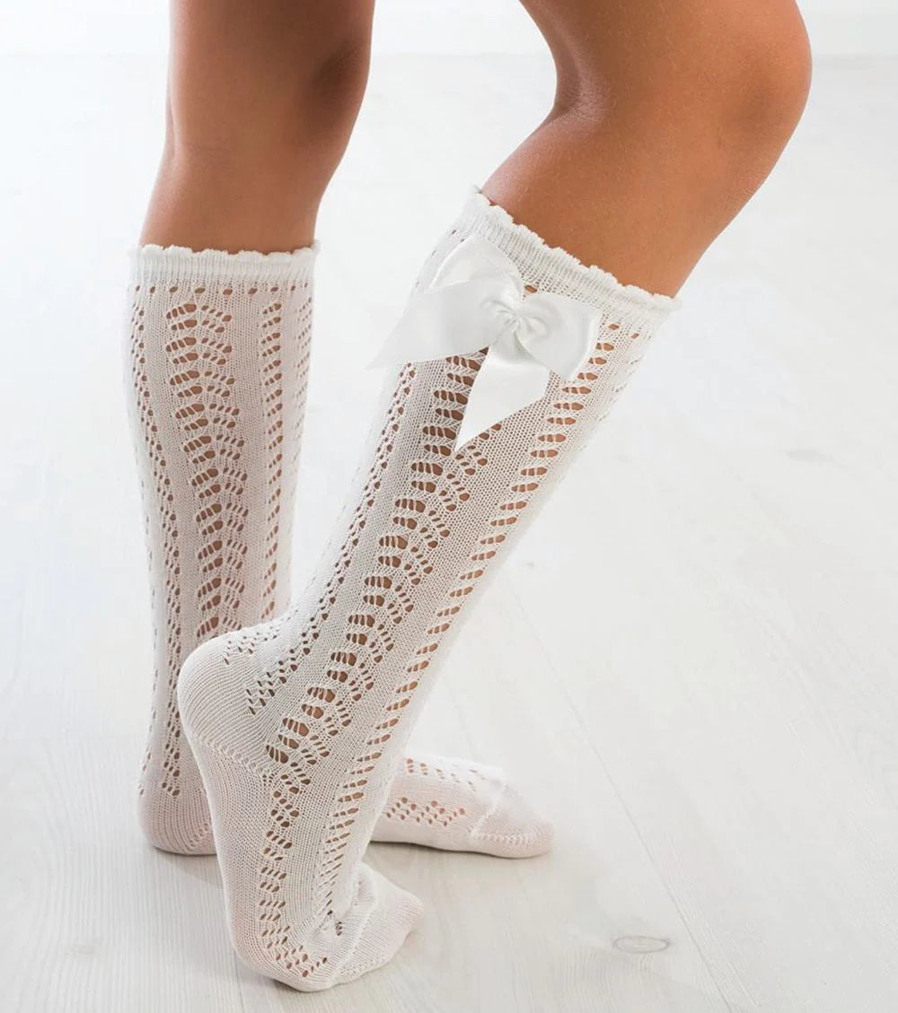 Meia Pata Girls White Knee High Socks with Bow