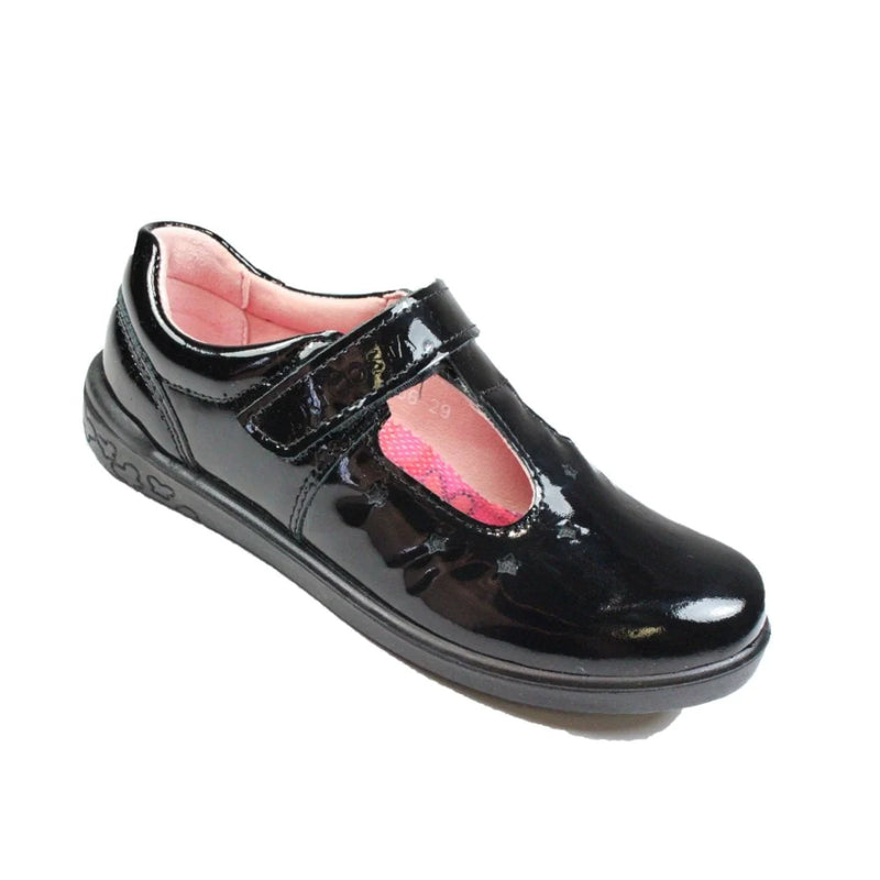 Ricosta Scarlett  Black Patent Leather Girls Riptape T-Bar School Shoes