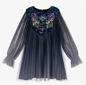 Billieblush Girls Navy Blue Lion Sequins Tulle Glitter Party Dress | Sale 70% OFF