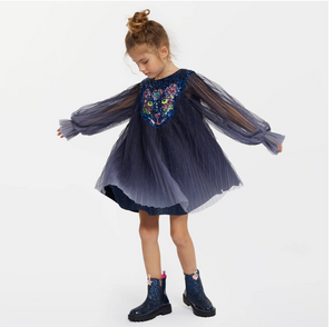 Billieblush Girls Navy Blue Lion Sequins Tulle Glitter Party Dress | New Season