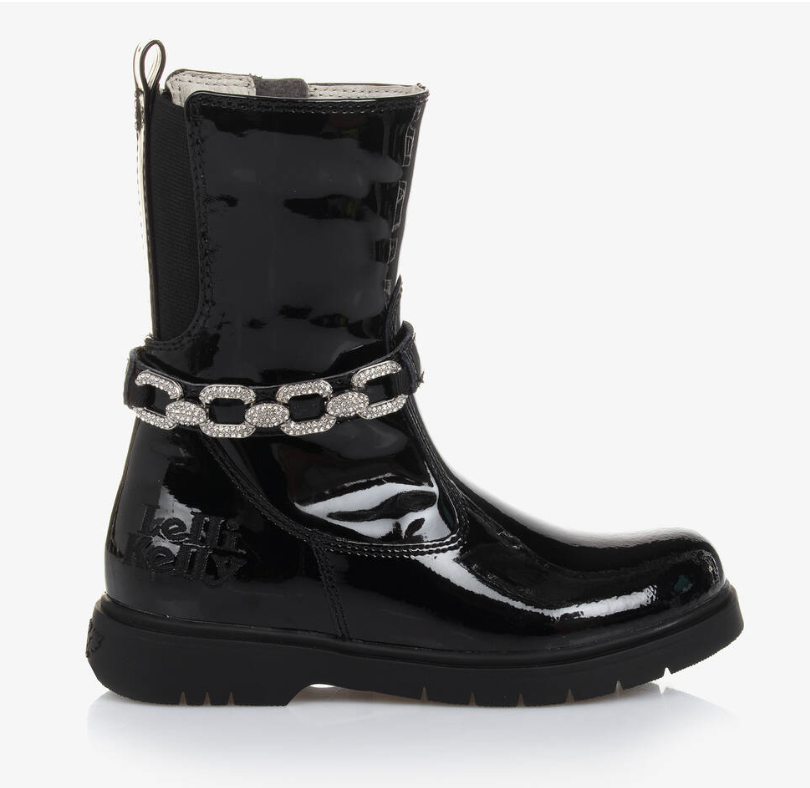 Lelli Kelly Marion Black Patent Mid-calf Winter Boots Detachable Diamanté Chain | 50% OFF