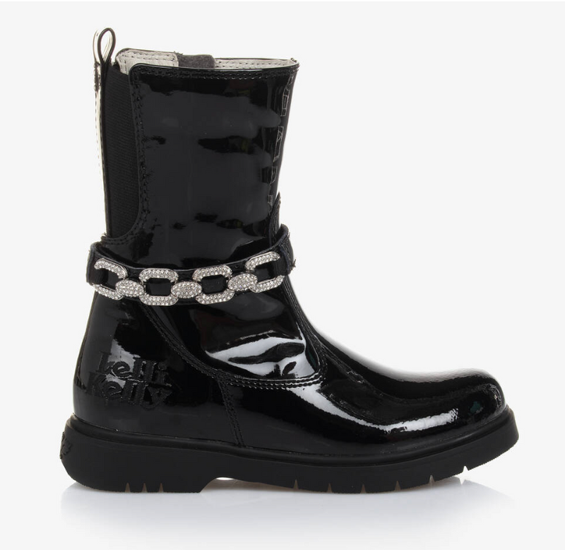 Lelli Kelly Marion Black Patent Mid-calf Winter Boots Detachable Diamanté Chain