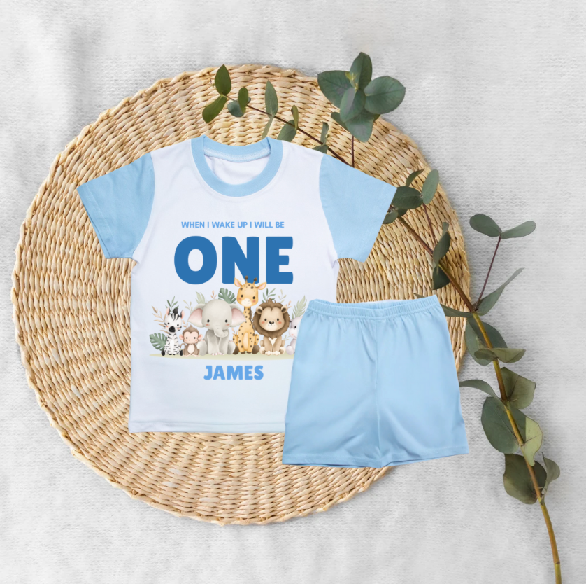 Personalised When I Wake Up Birthday Kids Blue Short Pyjamas