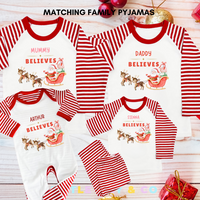 Personalised I believe Christmas Children's Pyjamas Red Striped Pyjamas - MATCHING FAMILY PYJAMAS