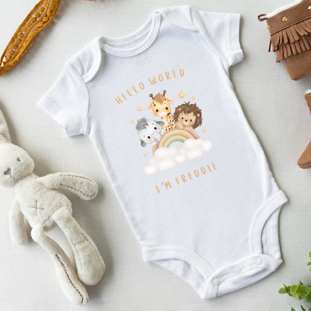 Personalised Baby Hello World Baby Name Announcement White Vest