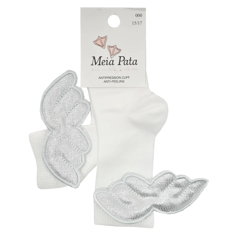 Meia Pata Girls White Ankle Socks with Silver Angel Wing