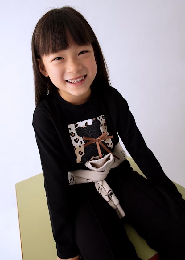 Mayoral Girls Long Sleeved Leopard Print and Teddy Bear T-shirt with Bow