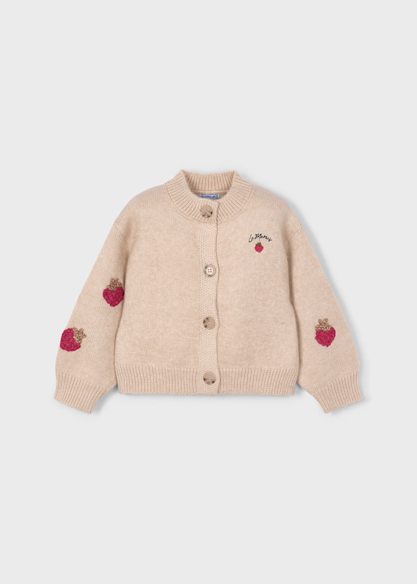Mayoral Girls Beige Knitted Cardigan Strawberry Embroidery