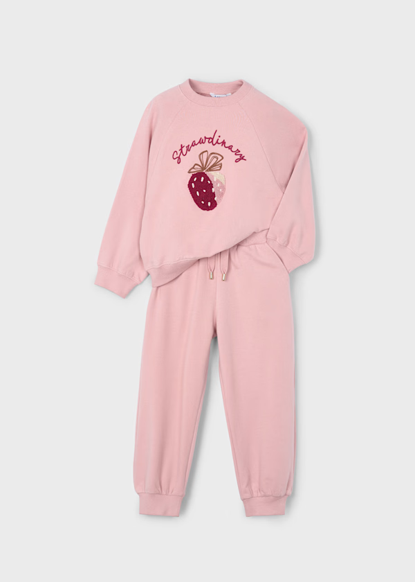 Mayoral Girls Pink Strawberry Embroidered Pink Jumper and Joggers Tracksuit Set