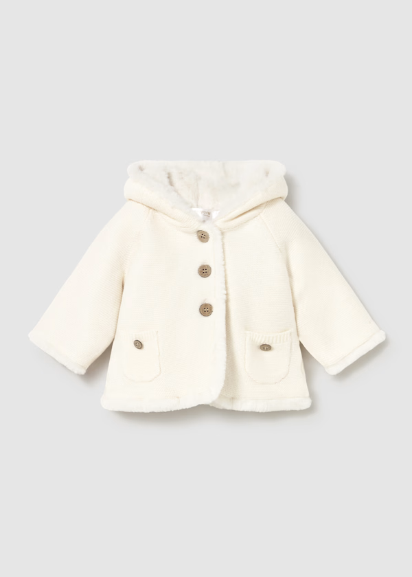 Mayoral Baby Cream PomPom Winter Knitted Cardigan Jacket with Fur
