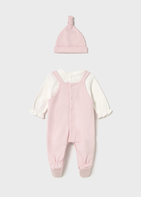 Mayoral Baby Girls Dungaree Set with Matching Hat in Pink and White