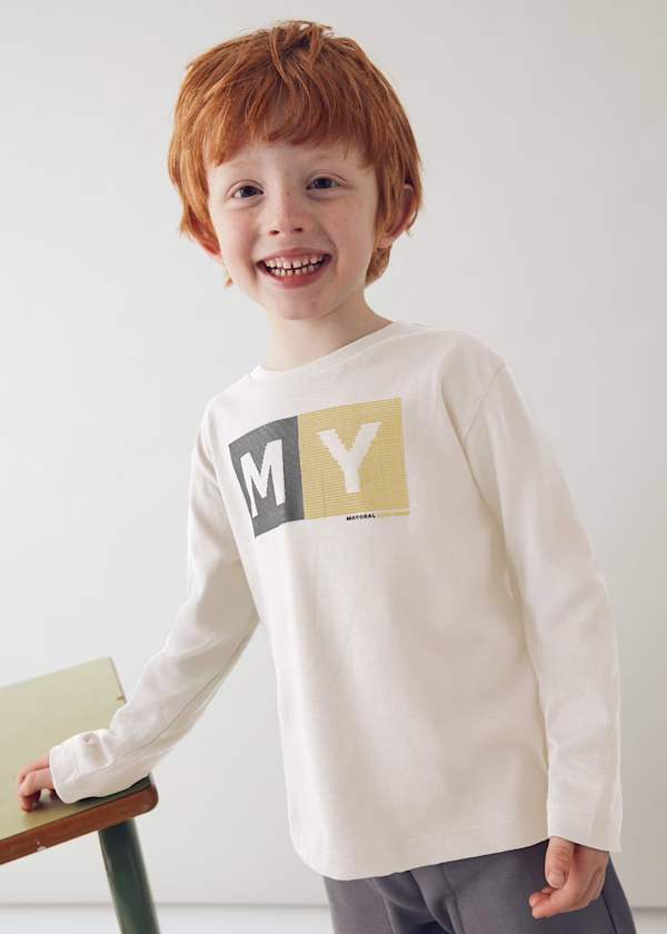 Mayoral Boys Long Sleeved T-shirt  Slogan in Cream