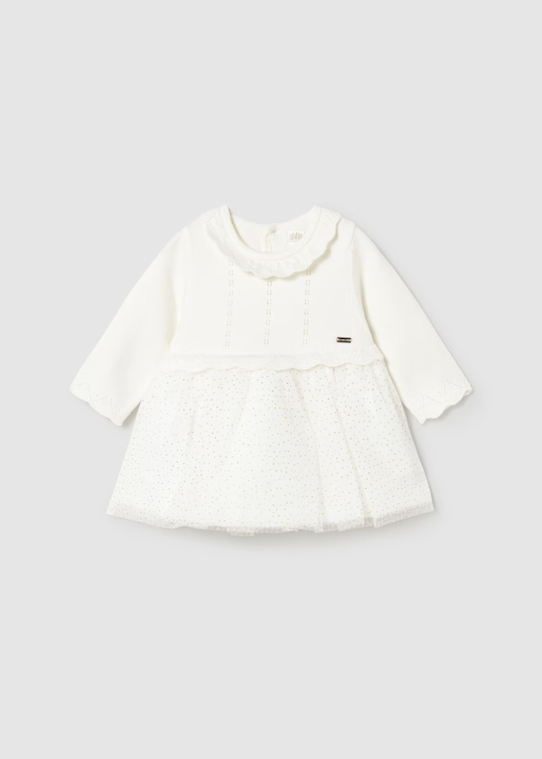 Mayoral Girls Ecru Ivory Knit and Tuelle Dress with Gold Special Occasion