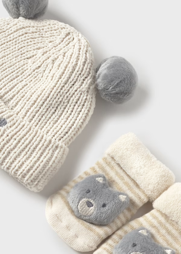 Baby Grey and Beige Natural Unisex Knitted Pom Pom Hat and Socks
