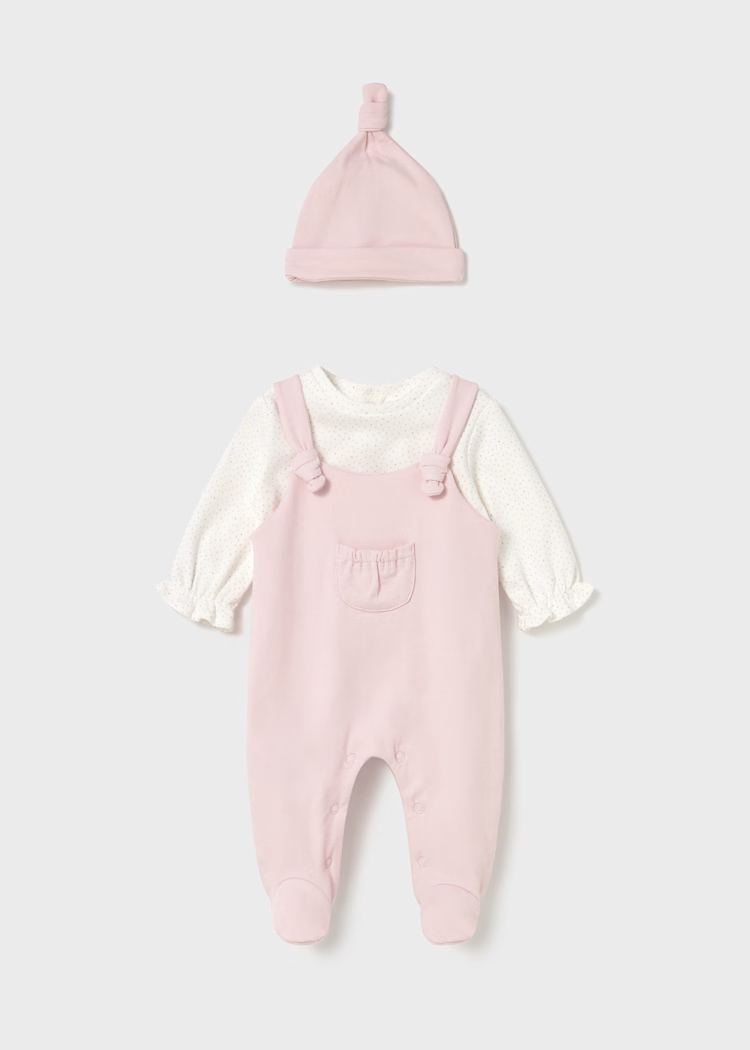 Mayoral Baby Girls Dungaree Set with Matching Hat in Pink and White