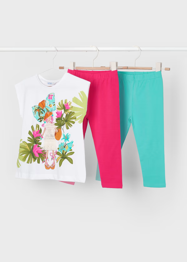 Mayoral Girls Top & 2 Leggings Outfit Set Pink & Jade - Summer Outfit - New Season
