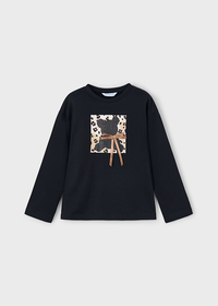 Mayoral Girls Long Sleeved Leopard Print and Teddy Bear T-shirt with Bow