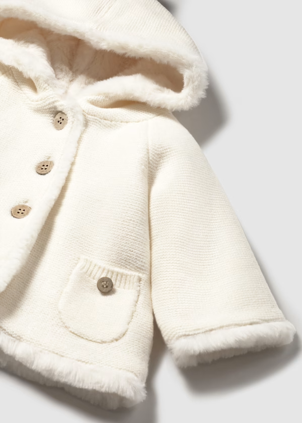 Mayoral Baby Cream PomPom Winter Knitted Cardigan Jacket with Fur