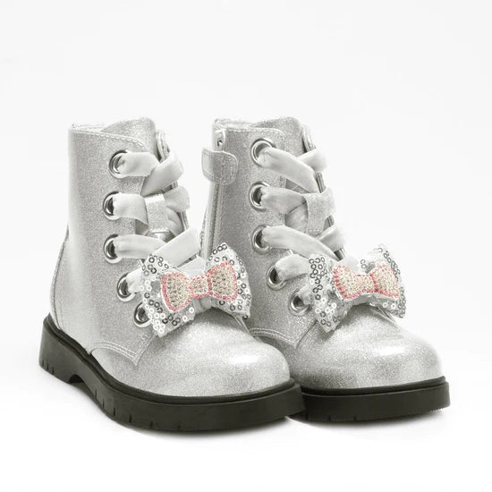 Lelli Kelly Silver Glitter Bow Detail Winter Boots Stella Heart Girls Fior Di Fiocco
