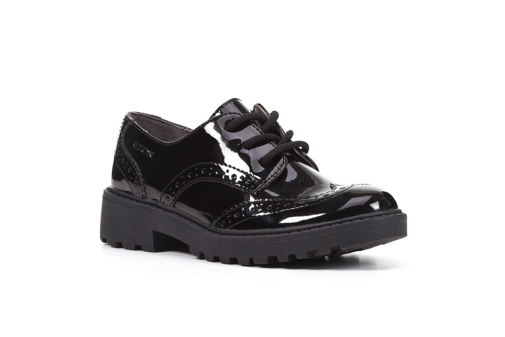 GEOX CASEY GIRLS BLACK PATENT LACE UP SCHOOL SHOES