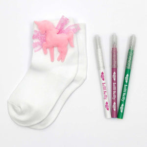 Lelli Kelly white unicorn socks with colouring pens.