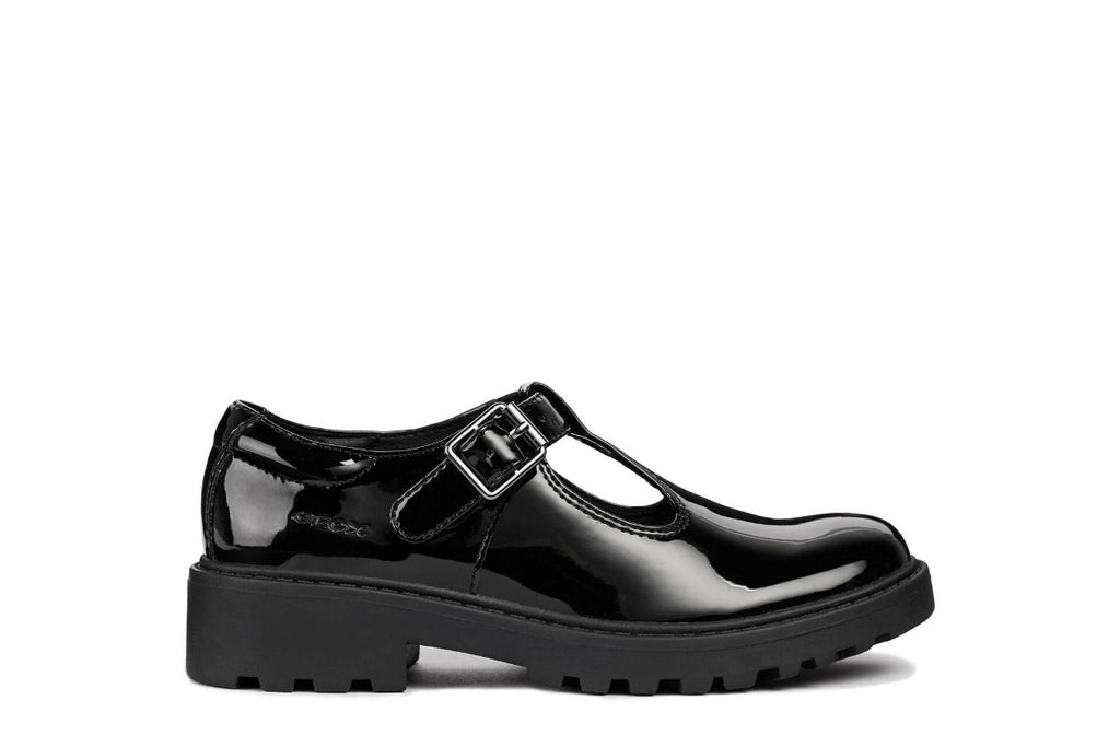 geox casey t-bar black patent girls school shoes